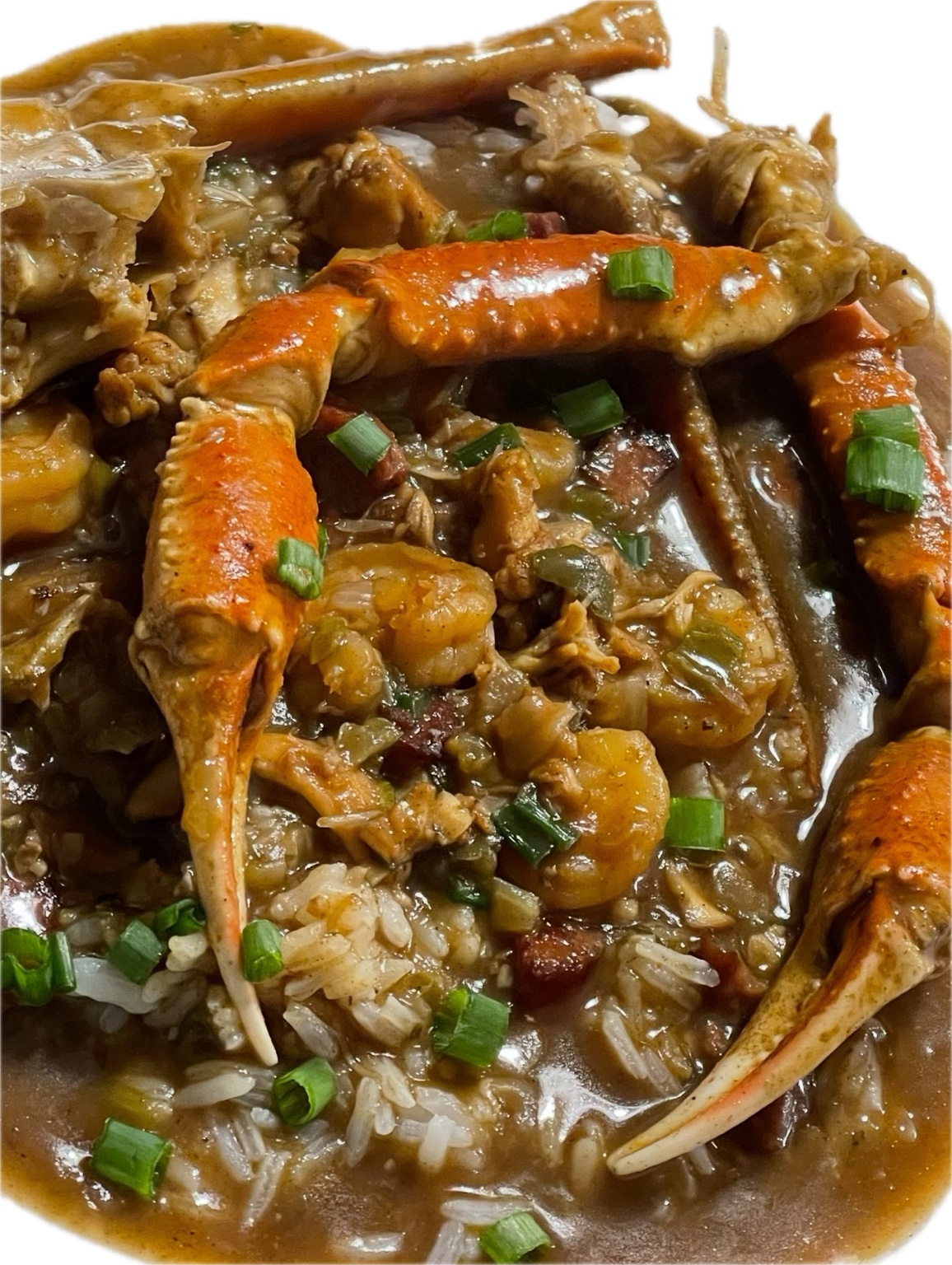 A bowl of dark-roux gumbo with shrimp, andouille and okra