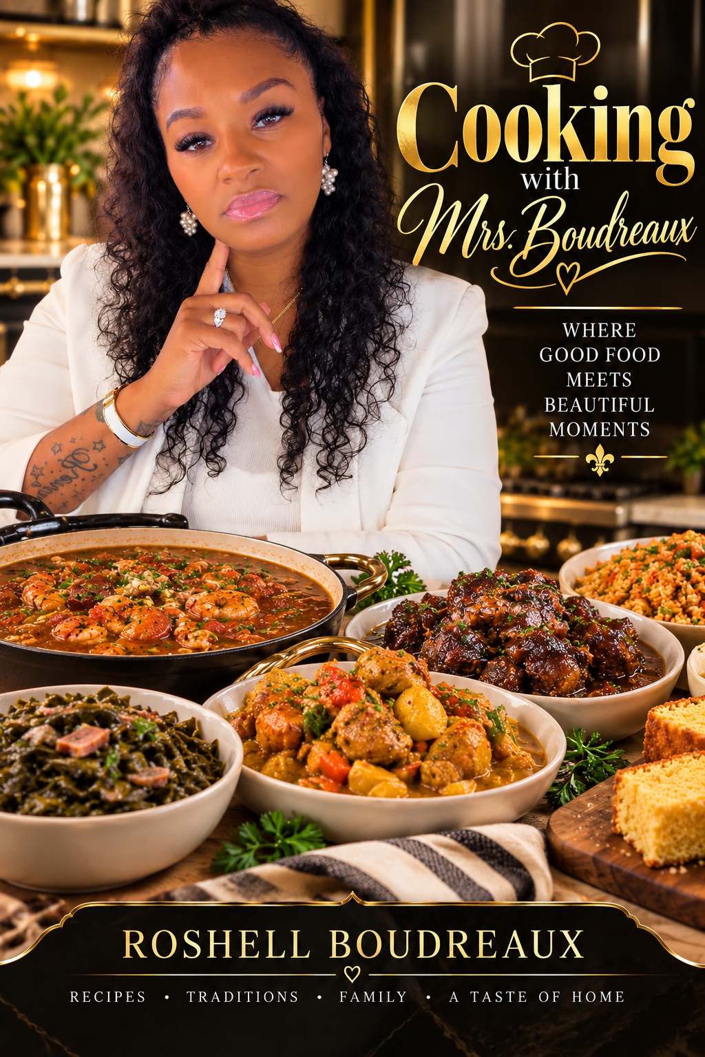 Mrs. Boudreaux in her kitchen, holding a wooden spoon